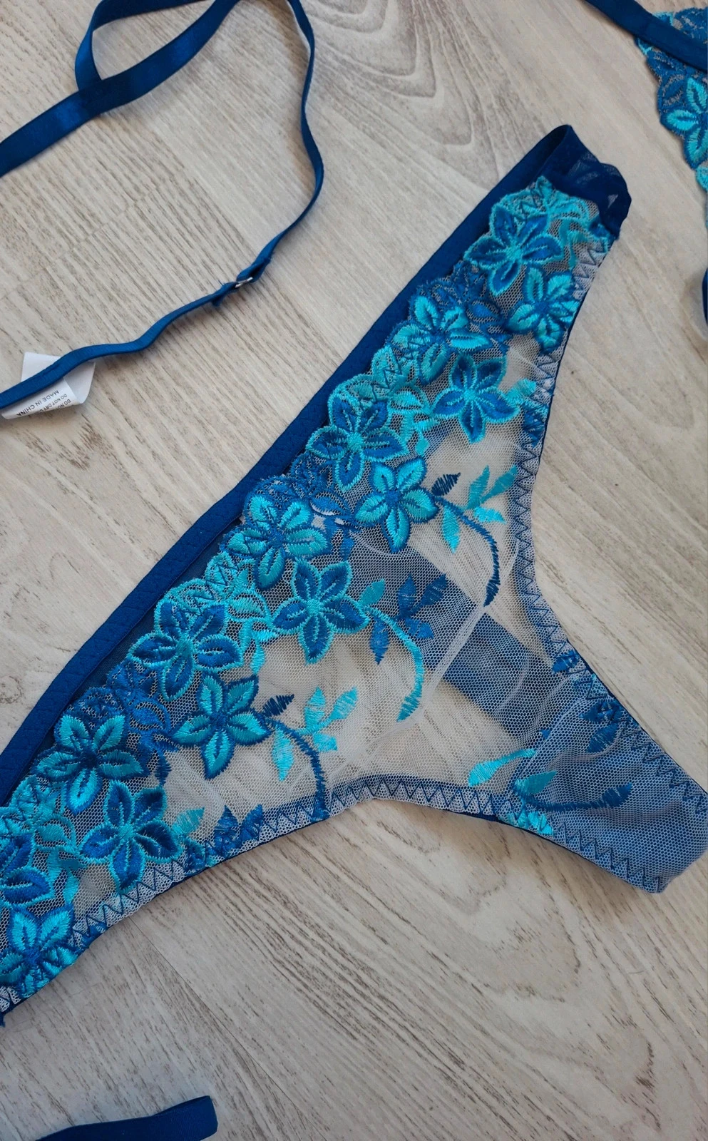 💙 Conjunto de lencería para mujer de 3 piezas azul con flores/transparente/blanco – Talla L – NUEVO – photo 10